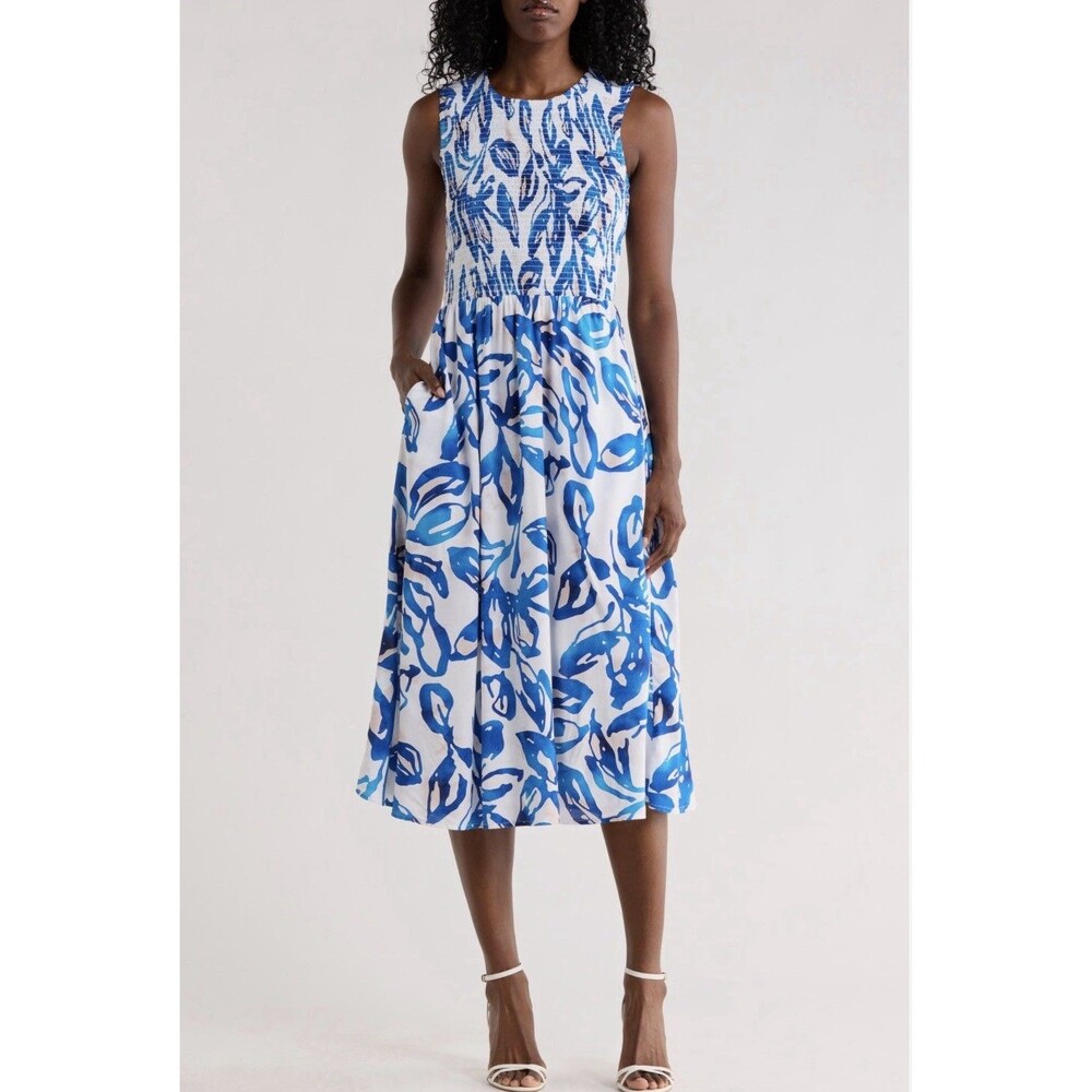 Calvin Klein Women Midi Dress Size 12 NWT Smocked W/ Pockets Floral Sleeveless - Picture 1 of 14
